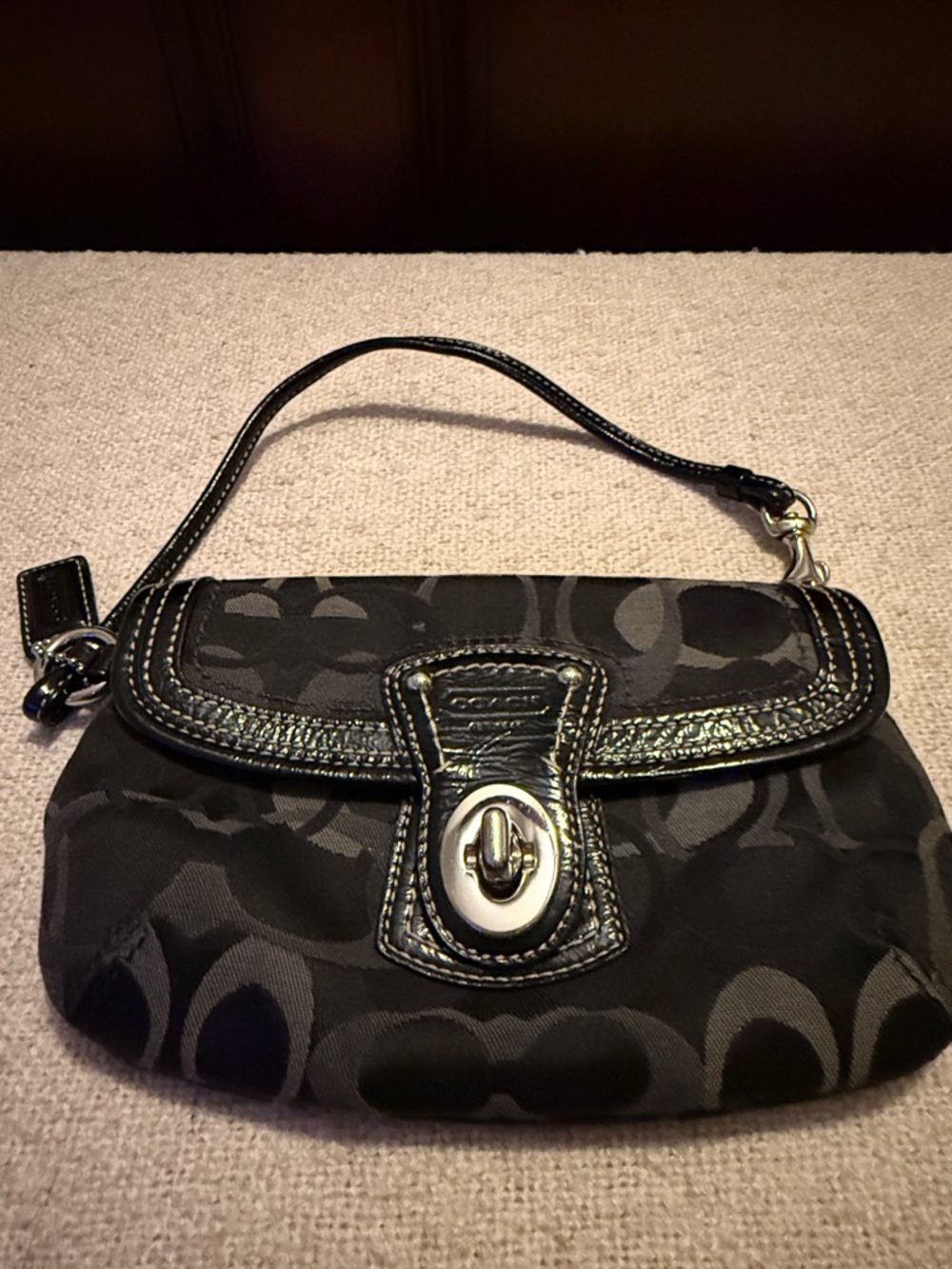 Coach Black Signature Canvas Turnlock Wristlet with Silver Hardware